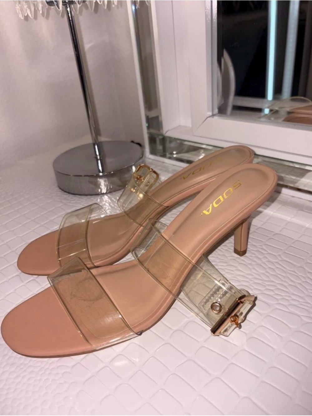 Soda Nude Slide Heel with Clear Straps
